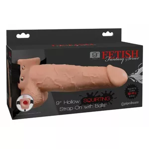 Strap-on dildo PIPEDREAM Fetish Fantasy 9inch Strap-O — hollow, squirting, 25.4 cm total, insertion 22.9 cm, inner Ø 4.1 cm