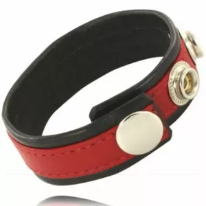 LEATHER BODY COCK AND BALL STRAP WITH SNAPS - BLACK AND RED