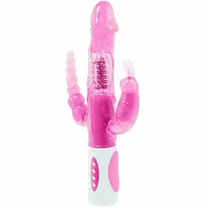 Vibrators BAILE Pretty Bunny Triple Vibrator Rotator — TPR, trīs motori, ūdensizturīgs, balti/rozā
