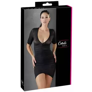 Women's ruffled mini dress Cottelli Collection Ruffles S — semi-transparent black, elbow sleeves, 90% polyamide/10% spandex