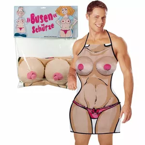 Priekšauts Boobs Apron — priekšauts ar drukātu sievietes torsu un plīša krūtīm, 100% poliesters, ādas tonis