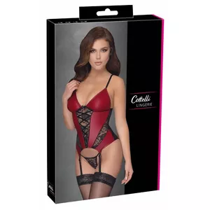 Basque Cottelli Collection red/black M with lace inserts and powernet back, includes lace string, 85% polyamide 15% spandex
