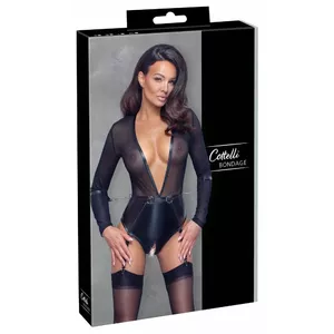 Боди Cottelli Collection модель Body black M — боди с длинным рукавом, без промежности, вшитый пояс, съёмные подтяжки, регулируемые наручники, размер M, чёрный