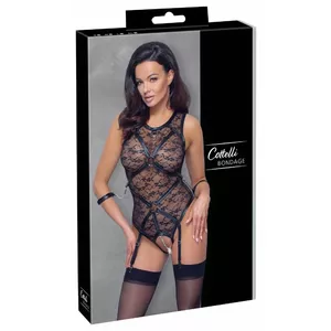 Боди Cottelli Collection Body черное XL — кружево, без промежности, регулируемые подтяжки, мягкие наручники в комплекте
