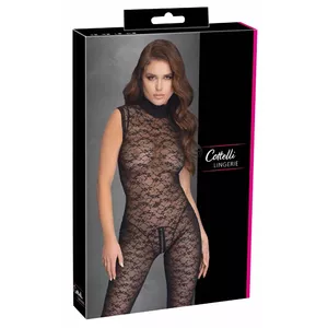 Women's lace jumpsuit Cottelli Collection model 27305451021 — black, size S, sleeveless, 2-way crotch zip, 90% polyamide/10% spandex