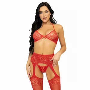 LEG AVENUE THREE PIECES SET BRA, STRING AND STOCKING ONE SIZE - RED