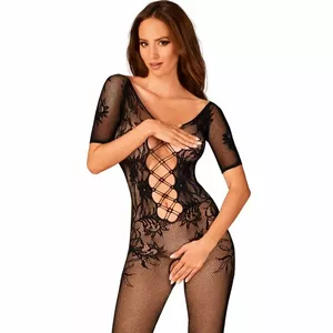 Bodystocking OBSESSIVE S-L melns viengabala mežģīņu dizains, atvērts starpenes, īsi piedurkņi, 90% poliamīds 10% spandekss