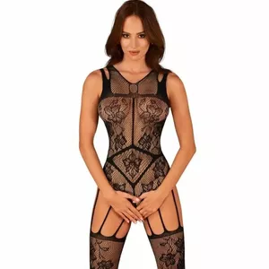 Bodystocking OBSESSIVE D-234428 — elastīgs mežģīņu audums, izmērs S–L, atvērts staras, melns