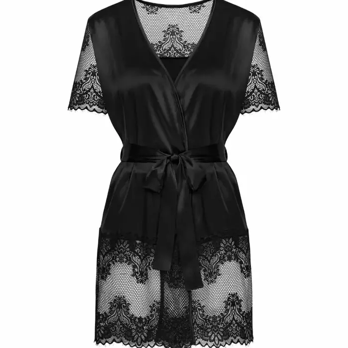 Пеньюар OBSESSIVE D-235716 — чёрный сатиновый халат XS/S Photo 5