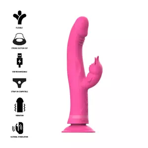 Zaķa vibrators INTENSE Julio — silikona, dubultas stimulācijas, ūdensizturīgs, vairāki vibrācijas režīmi, rozā