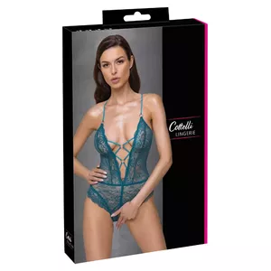 Fitted women's bodysuit Cottelli Collection Body teal XL — crotchless lace, adjustable straps, 90% polyamide 10% spandex
