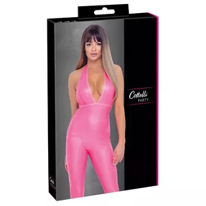 Jumpsuit Cottelli Collection party halterneck, neon pink, size M, 90% polyester/10% spandex with polyurethane coating