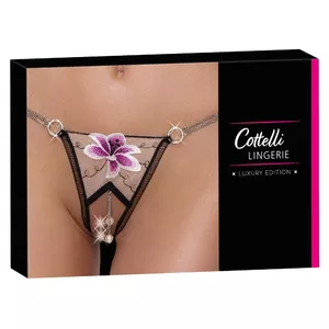 Трусики-стринги Cottelli Collection с открытым шагом M/L — тюль, отделка стразами, съемные жемчужные цепочки
