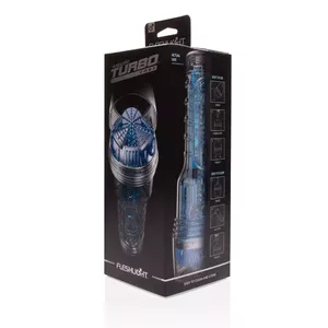 Masturbator Fleshlight Turbo Core Model 50015950000 — transparent blue, TPE canal, ABS case, total length 24.8 cm, insertion depth 21.6 cm