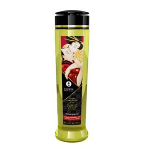 Masāžas eļļa SHUNGA Oil Romance 240 ml — barojoša masāžas eļļa, vegāniska, auksti spiesta, zemeņu/šampanieša aromāts