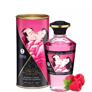 Masāžas eļļa SHUNGA Raspberry Feel 100 ml — sildošs ķermeņa līdzeklis, drošs ar prezervatīviem