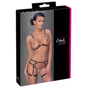 Lingerie set Cottelli Collection Glamour S — black wireless open-cup bra and crotchless briefs, stretch velvet straps, removable rose-gold chains, size S