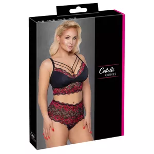 Lingerie set Cottelli Collection Bra and Briefs black/red size 4XL — wireless bra, high-waist lace briefs, polyester blend