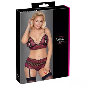 Lingerie set Cottelli Collection Bra Set Pearl sizes 3XL/4XL wireless lace bra and crotchless suspender briefs with pearl chains