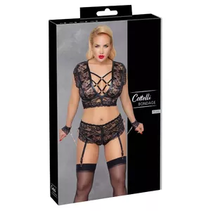 Komplekts Bra Set Bondage Cottelli Collection 22139311081 — izmērs 4XL: bezvadu mežģīņu krūšturis un atvērtas staras biksītes ar noņemamām suspender siksnām, rozā zelta detaļas