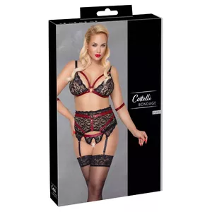 Комплект белья Cottelli Collection Bondage — бюстгальтер без косточек, пояс-подвязки, бесшовные распарываемые трусики, размер 3XL, чёрное кружево с тёмно-красными деталями