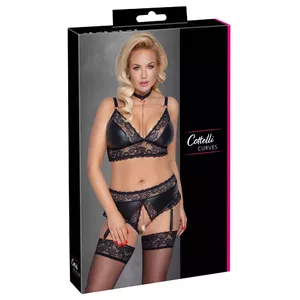 Lingerie set Cottelli Collection Bra and Suspender Briefs 4XL — wireless bra, crotchless suspender briefs, adjustable/removable straps, rose-gold details