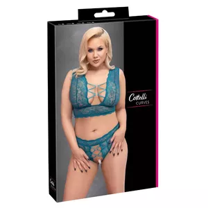 Two-piece lingerie set Cottelli Collection 22141054061 — teal lace bralette and crotchless high-waist string, size 2XL