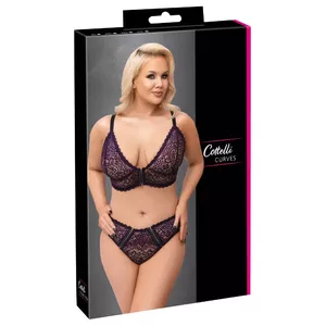 Lingerie set Cottelli Collection bra and briefs purple XL — lace, adjustable straps, front-opening briefs