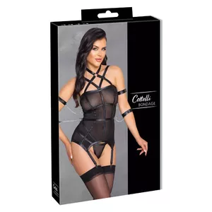 Basque Bondage L, Cottelli Collection – size L black basque with adjustable straps, 4 detachable hand/arm restraints, powernet (90% polyamide, 10% spandex)