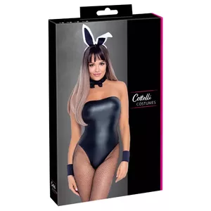 Женский цельный боди Cottelli Collection Bunny Body M — без бретелей, съемный помпон‑хвост, ободок с ушами, манжеты, воротник (размер M)