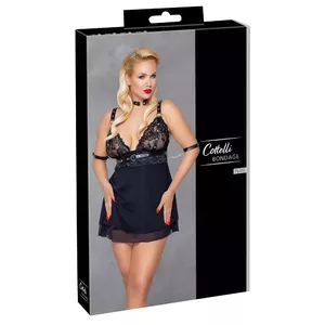Babydoll negligee Cottelli Collection Bondage 3XL, melns, regulējamas lencītes, mežģīņu kausiņi, ietver čokeru, roku cilpas un 1,20 m šalli
