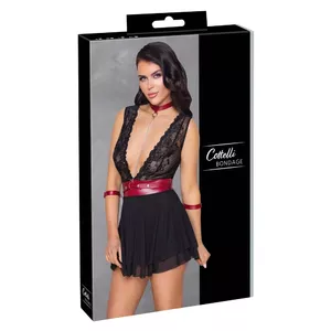 Negligee Cottelli Collection Babydoll Bondage XL — melna mežģīne un powernet, regulējamas lences, noņemama josta un ierobežotāji, izmērs XL