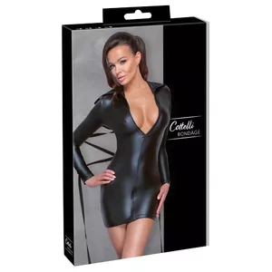 Sieviešu kleita Cottelli Collection Dress melna L — pieguļoša matēta materiāla, garas piedurknes, pilna priekšējā rāvējslēdzēja, bondaža gredzeni, lenta, 90% poliesters 10% spandekss