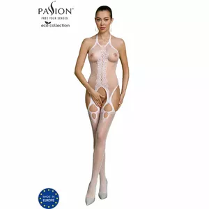 Bodystocking PASSION BS013 white — eco-friendly patterned one-piece, stretch fit
