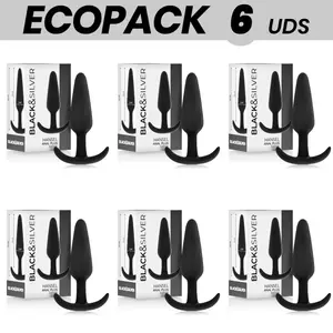 Набор анальных пробок black&silver ECOPACK 6 шт — силикон, маленькая ручка, многоразовые