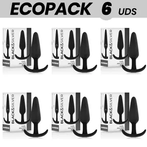 ECOPACK 6 UNITS - BLACK&SILVER KAEL SILICONE ANAL PLUG WITH MEDIUM HANDLE