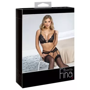 Lace bodysuit set abierta fina model 22144311051 size XL — bralette and crotchless suspender thong, black stretch lace, 90% polyamide 10% spandex