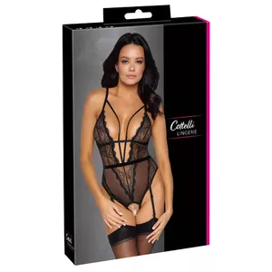 Боди Cottelli Collection Pear String XL, чёрный, размер XL, кружево и пауэрнет, без промежности, съёмная жемчужная цепочка