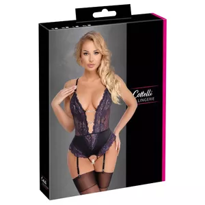 Cottelli Collection bodysuit crotchless lace black/purple size XL with adjustable straps and garters