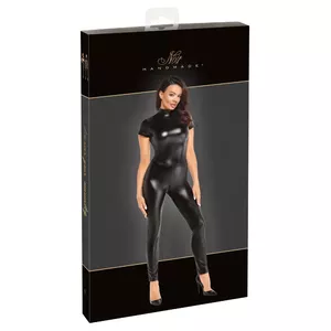 Комбинезон Jumpsuit laced S — Noir приталенный powerwetlook, размер S, черное кружево, застёжка-накрест у шеи, двухсторонняя молния в промежности