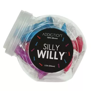 Mini dildu komplekts Addiction Silly Willy Display — 12 silikona mini dildas, 8,4 cm, piesūcekņi, konfekšu burka