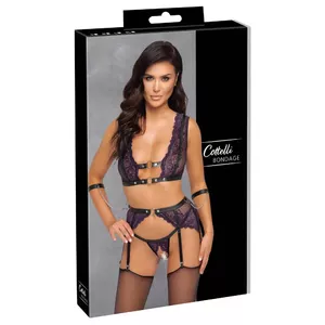 Lingerie set Cottelli Collection Bra Set Bondage M — bralette, suspender belt with 6 adjustable garters, crotchless thong, 2 wrist cuffs, purple floral lace, size M