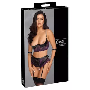 Quarter cup bondage lingerie set Cottelli Collection 85B/L — open cups, crotchless suspender briefs, adjustable straps, includes wrist cuffs