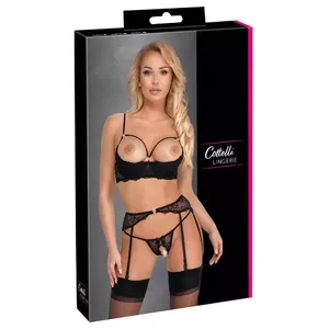 Набор 3 в 1 Cottelli Collection 85B/L — шёлф-бюстгальтер, стринги с разрезом, пояс-подвязки, чёрный, кружево, 90% полиамид