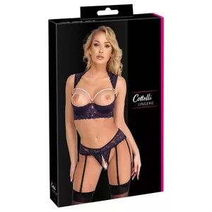 Lingerie set Cottelli Collection Shelf Bra Set Purple size 75B — longline underwire shelf bra with detachable pearl necklace and crotchless suspender thong