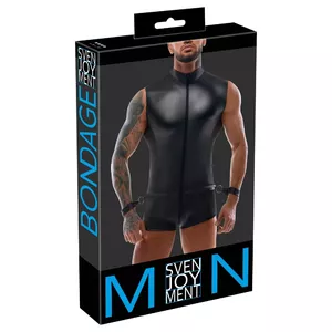 Men's jumpsuit with cuffs Svenjoyment 21504761701 — sleeveless, size S, black matte, mesh inserts, zipper, 90% polyester/10% spandex