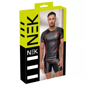 Short-sleeve men's shirt NEK model 21616721721, black with red stripes, size L, 90% polyester/10% spandex, mesh inserts