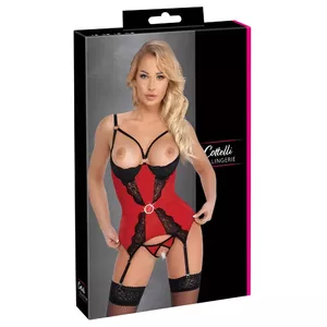 Cami Suspenders by Cottelli Collection model 26330513051 – red satin & lace, XL, demi-cup balconette with underwire, adjustable straps and crotchless thong