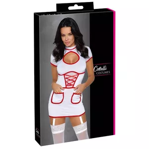 Женский костюм медсестры Cottelli Collection Nurse S — полупрозрачное белое платье на подтяжках, размер S, 95% полиэстер 5% спандекс