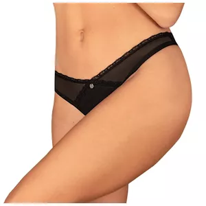 Thong OBSESSIVE Thong XL/2XL – crotchless black transparent tulle, lace trim, embroidery, size XL/2XL
